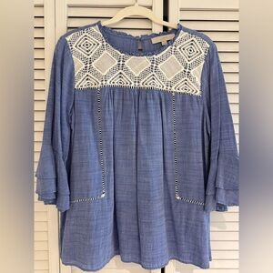 LOFT Women’s Blue & White Ruffled Bib Collar Blouse Crochet details M